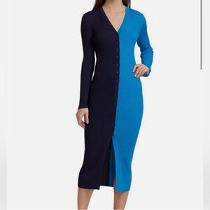 STAUD Two-Tone Ribbed Button-Front Midi Dress - Blue & Navy